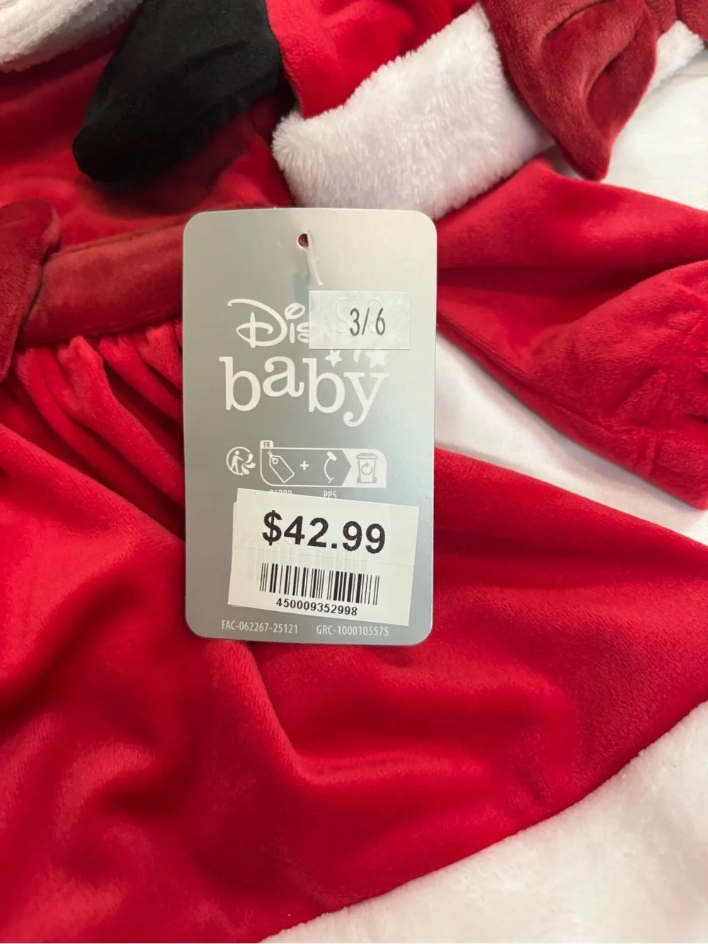 Disney Red and White Minnie Holiday Velvet Dress with Santa Hat and tights 3-6m